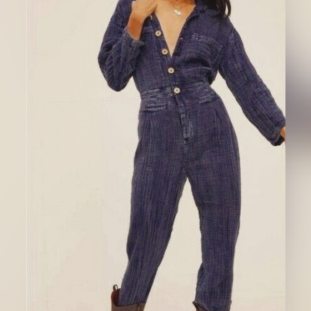 NWOT Free People purple crinkle long sleeve jumpsuit